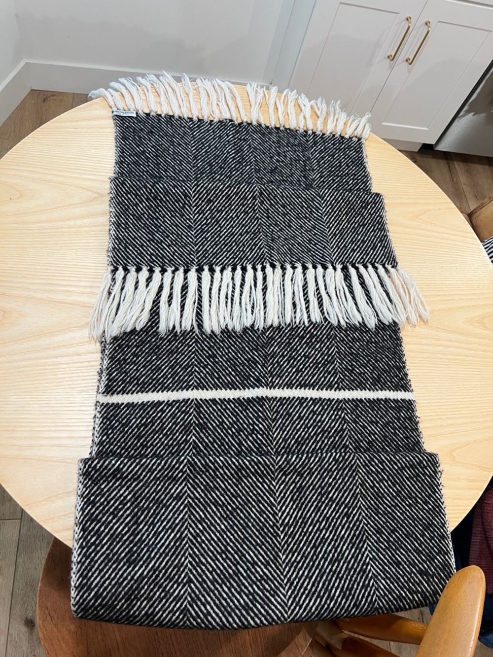 Mario Valentino Italy Black and White Herringbone Fringe Scarf wool
